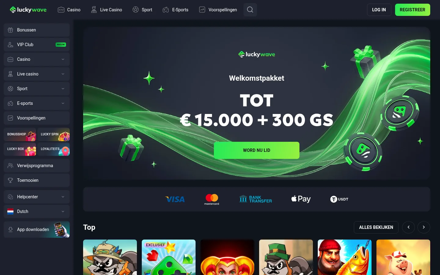 Het welkomstpakket van tot € 15.000 bovenaan de startpagina van Luckywave